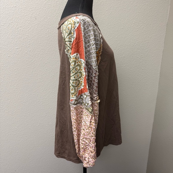 Easel Boho Patchwork Top L Brown Floral Sleeve Mixed Print Casual Chic - Picture 6 of 10
